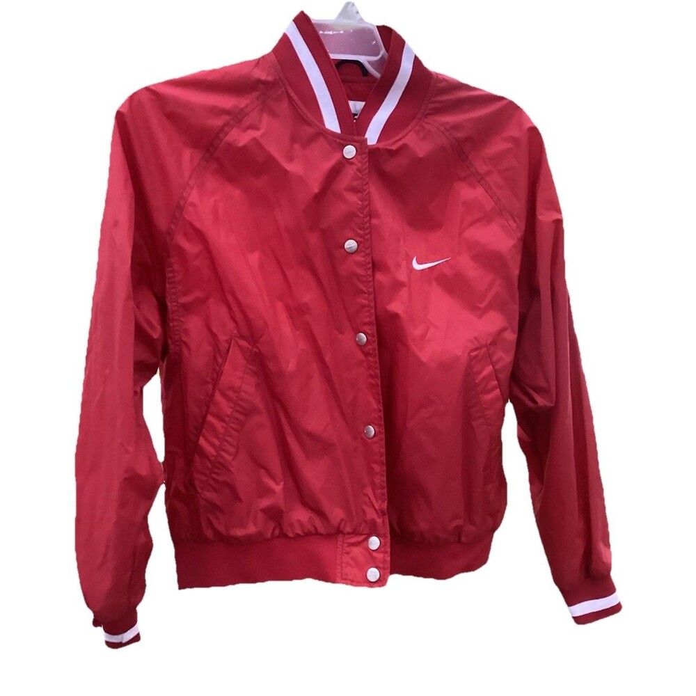 NIKE N Small Swoosh Red Varsity Bomber Windbreaker Jacket Snap Up Coat 1990s Med